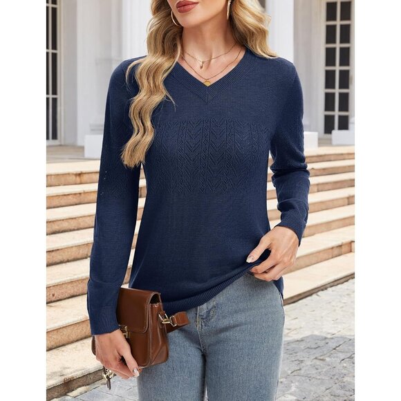 Women's Navy Blue Wool Long Sleeve Crochet Pullover V Neck Lightweight Sweater - Picture 2 of 7